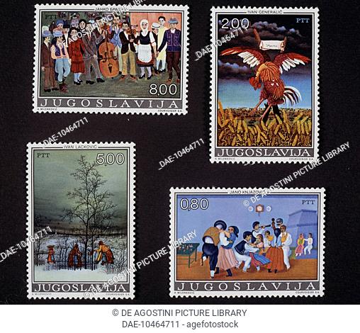 Series of postage stamps honouring Naif art, 1974, with paintings by Naif artists such as Ivan Generalic (top right) and, bottom from left
