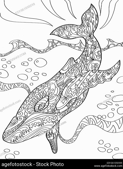 Large Whale Diving Deep Into The Sea Colorless Line Drawing