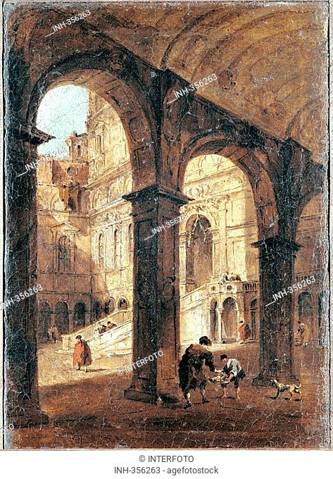 fine arts, Guardi, Francesco, 1712 - 1793, painting, Portico sul Cortile di Palazzo Ducale, portico at court of Doge `s Palace, circa 1780, oil on canvas