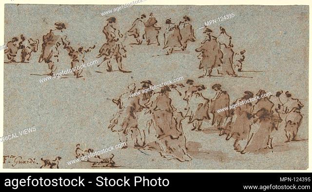 Studies for Groups of Walking Dressed Figures. Artist: Francesco Guardi (Italian, Venice 1712-1793 Venice); Date: 1712-93; Medium: Pen and brown ink