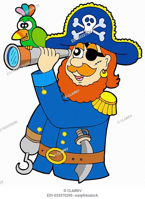 Pirate with spyglass and parrot - isolated illustration