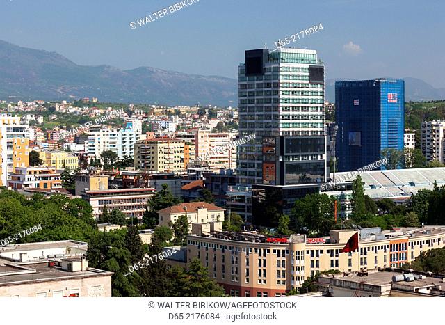 Albania, Tirana, elevated city view and Rogner Hotel