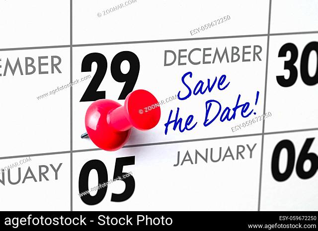 Wall calendar with a red pin - December 29