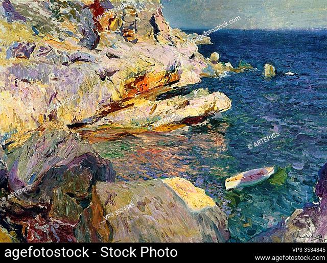 Joaquín Sorolla Y Bastida - Rocks White Boat Jave 1905