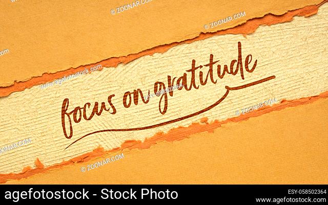 focus on gratitude - inspirational handwriting on a handmade paper in orange and brown tones, web banner, Thanksgiving theme