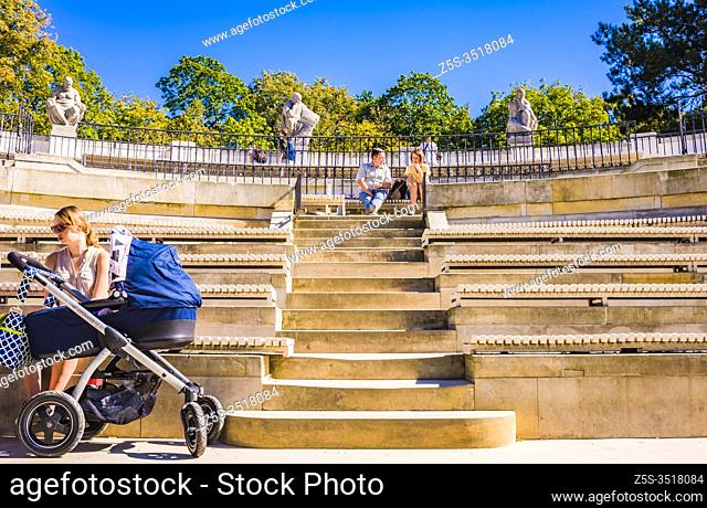 Classical amphitheater, and stage on the isle. Lazienki Park or Royal Baths Park is the largest park in Warsaw, Poland, occupying 76 hectares of the city center