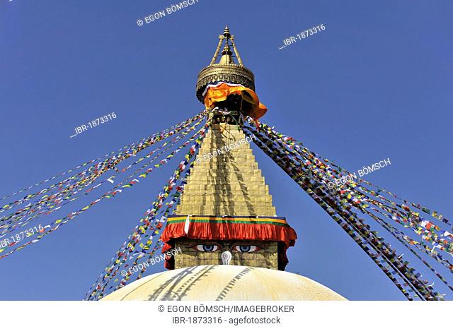 Bodnath Stupa, Boudhanath or Boudha, UNESCO World Heritage Site, painted eyes, colorful prayer flags, Tibetan Buddhism, Kathmandu, Kathmandu Valley, Nepal, Asia