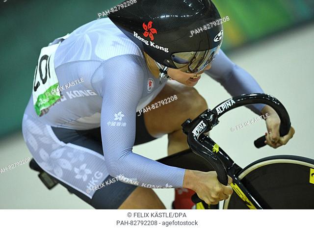 Wai Sze Lee of Hong Kong in action during the Women's Sprint Qualifying of the Rio 2016 Olympic Games Track Cycling events at Velodrome in Rio de Janeiro
