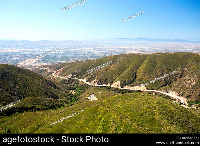 The view over San Bernardino from Hwy 18 on a clear, hot summer's day in Los Angeles, California, USA