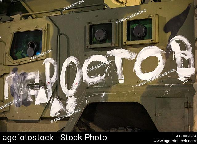RUSSIA, ROSTOV-ON-DON - JUNE 24, 2023: A sign reading ""Rostov"" is pictured on a military vehicle. Erik Romanenko/TASS