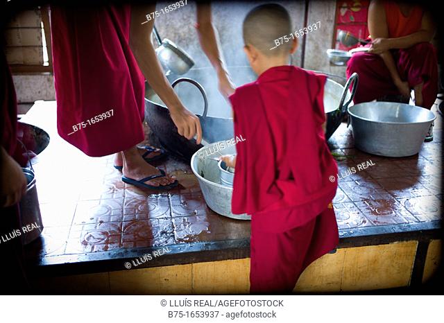 Cocina, cocinando, sirviendo comida, monjes budistas, monjes budistas tibetanos, comiendo, magenta, purpura, hombres, hombres, niño, masculino
