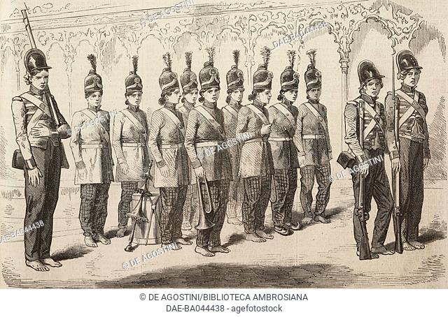 Hyderabad Amazonian Regiment, royal harem bodyguards, India, illustration from L'Illustration, Journal Universel, No 768, Volume XXIX, November 14, 1857