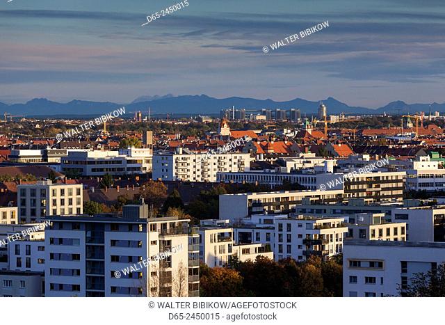Germany, Bavaria, Munich, Olympic Park, fall city skyline from the Olympiaberg hill