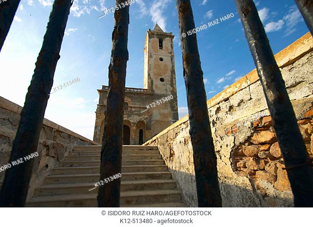 San Miguel Church in La Almadrava de Monteleva beach. Cabo de Gata - Nijar Natural Park. Almeria Province. Andalucia. Spain