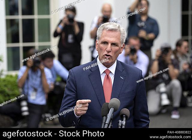 Speaker of the House of Representative Kevin McCarthy speaks to the media after meeting with United States President Joe Biden on the debt limit at the White...