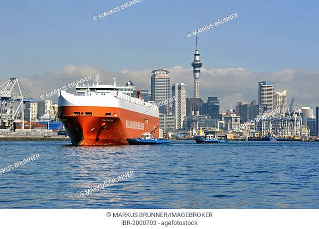 Large cargo ship entering the harbour, Auckland, New Zealand