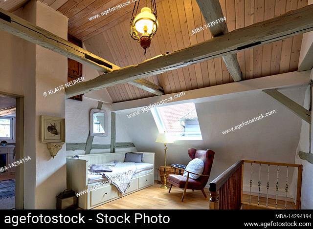 Photo reportage with text, Obere Gasse No 7, homestory, bedroom, wooden floor, open beam ceiling, renovation, interior, Rothenfels, Main Spessart, Franconia