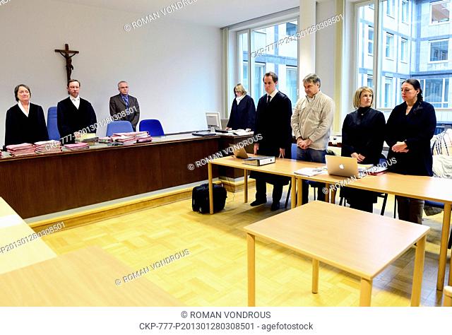 The trial with a German couple, Uwe Reinecker third from right and Melanie-Christin Maria Bernhart right, who kidnapped Czech baby girl Michala and took her to...