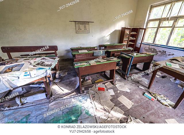 Classroom of primary school in Krasne abandoned villages of Chernobyl Nuclear Power Plant Zone of Alienation around nuclear reactor disaster, Ukraine