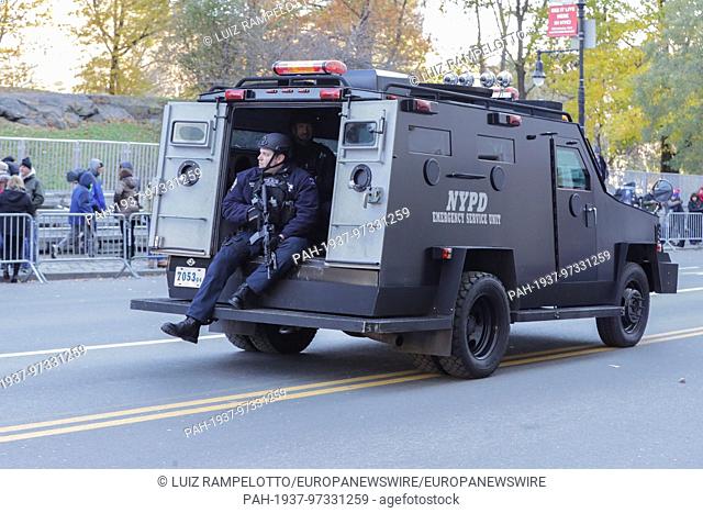 Central Park West, New York, USA, November 23 2017 - NYPD Security during the 91st Annual Macy's Thanksgiving Day Parade today in New York City