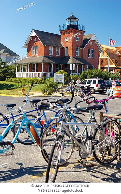 Bikes are stacked in front of the Sea Girt Lighthouse on the Jersey Shore