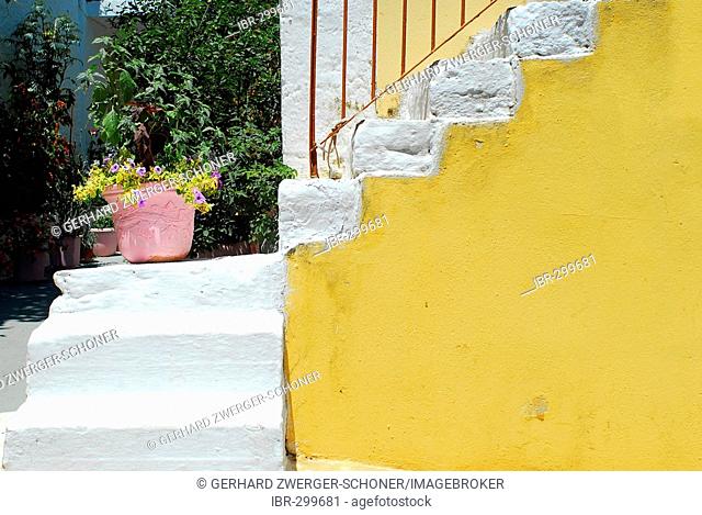 Stairs with flower pot, Fiscardo, Kefalonia, Ionian Islands, Greece