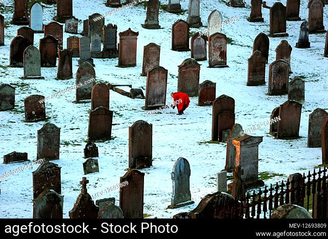 On a cold, snowy winter day, a lady in red coat lays a bouquet of flowers on a grave in Kirkcudbright graveyard, Kirkcudbrightshire, Dumfries and Galloway