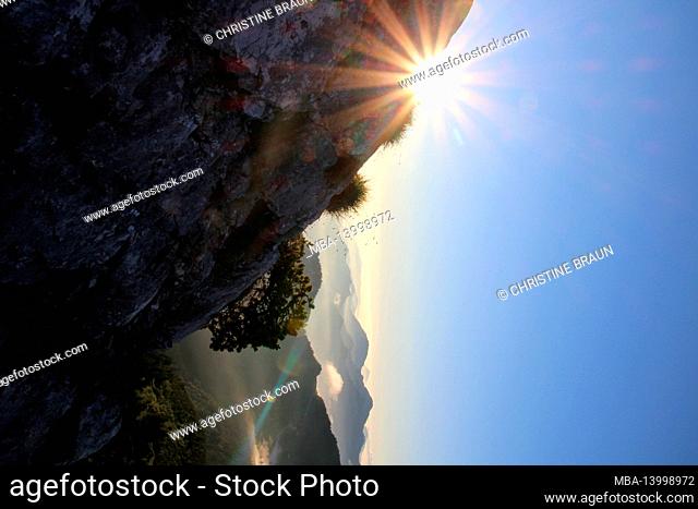 hike to the summit of the kampenwand (1669 m) in the chiemgau, sun, back light, chiemgau alps, near aschau, upper bavaria, bavaria, southern germany, germany
