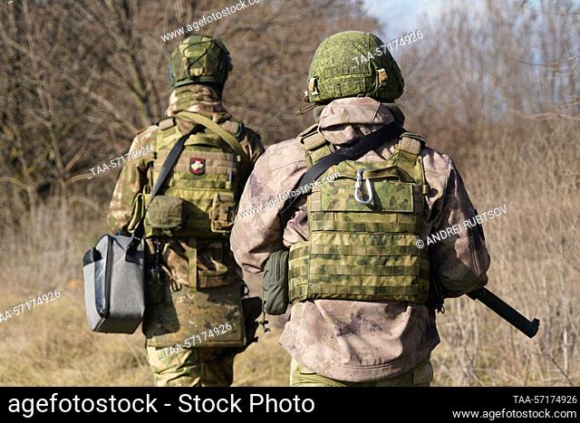 RUSSIA, KHERSON REGION - FEBRUARY 3, 2023: Russian Army Southern Military District reconnaissance unit members are seen during a training session before taking...