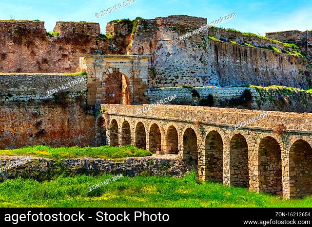 Entrance bridge to castle of Methoni in Messinia, Peloponnese, Greece
