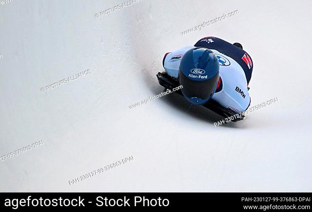 27 January 2023, Switzerland, St. Moritz: Skeleton: World Championship, men, 3rd run in the Olympic Bob Run St. Moritz - Celerina