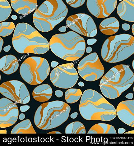 River pebbles hand drawn seamless pattern. Sea rocks golden marble texture. Gradient stones flat contour drawing. Luxury gravel dark blue background