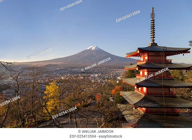 This photo was shot from the area around Mt.Fuji in Autumn. It is time to start snow cap on the top of Mt.Fuji. Chureito pagoda in one of the most famous to...