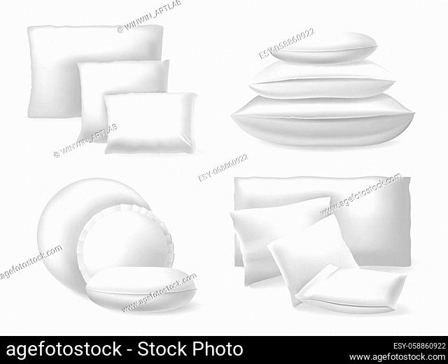 White realistic pillows. Comfort bed soft cushions, rest and sleep cozy cotton or linen pillows isolated vector illustration icons set