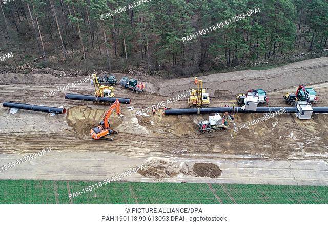 17 January 2019, Brandenburg, Klosterdorf: The construction site of the European Gas Link Pipeline (EUGAL) (aerial view with a drone)