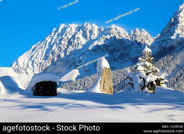 Winter landscape near Mittenwald, Werdenfelser Land, Upper Bavaria, Bavaria, Southern Germany, Germany, Europe