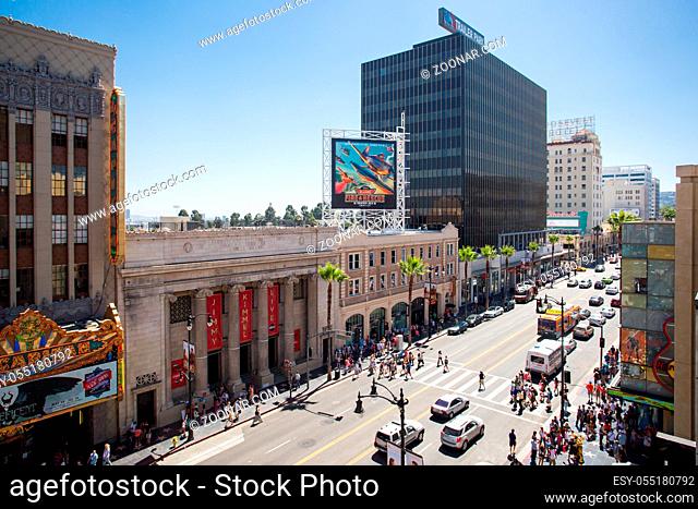 Los Angeles, USA - 5 July: A view over busy Hollywood Boulevard towards the Roosevelt Hotel on a summer's day in 2014