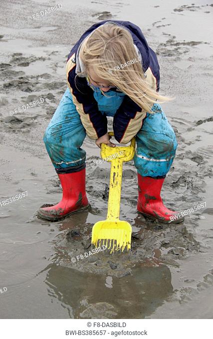 child playing in the mud flat, waterproof pants and rubber boots, Germany, Lower Saxony, Cuxhaven
