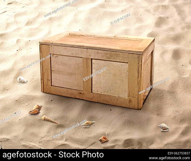 Wooden Treasure Box On The Beach With Sun Beam