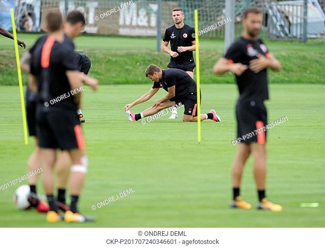 Players of Slavia in action during the training session prior to the third qualifying round match SK Slavia Praha vs FC BATE Borisov within UEFA Champions...
