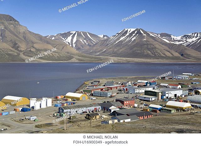 A view of the town of Longyearbyen on the west side of Spitsbergen Island in the Svalbard Archipelago in the Barents Sea, Norway