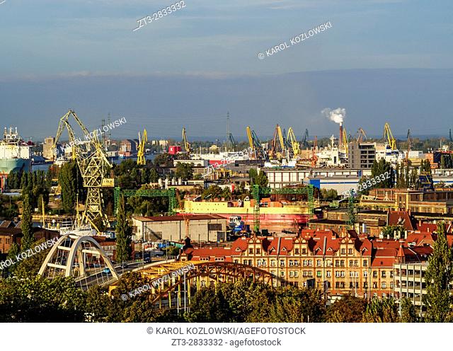 Poland, Pomeranian Voivodeship, Gdansk, Elevated view of the shipyard