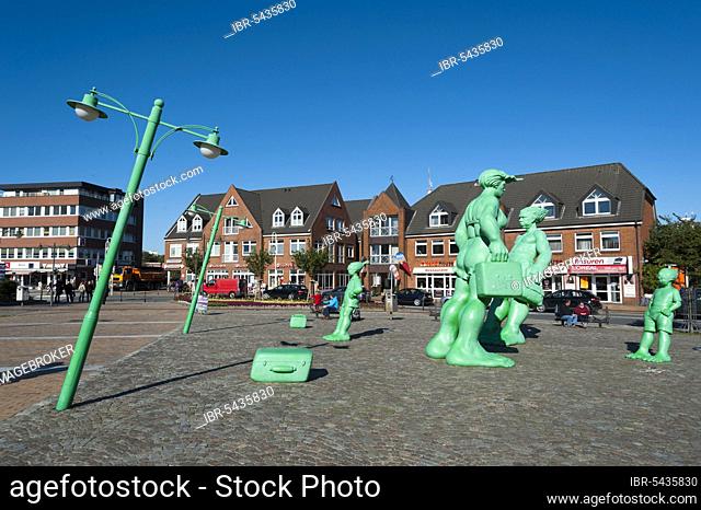 Sculptures on station forecourt, Travelling Giants in the Wind, Westerland, Sylt, North Frisia, Schleswig-Holstein, Germany, Europe