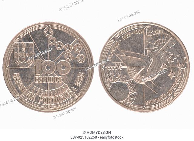 Portuguese 100 Escudos Coin Isolated Both Side, 1990, Portugal