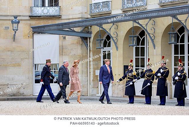 King Willem-Alexander and Queen Maxima of The Netherlands visit chairman of the senate Gerard Larcher at Paleis du Petit Luxembourg in Paris, France