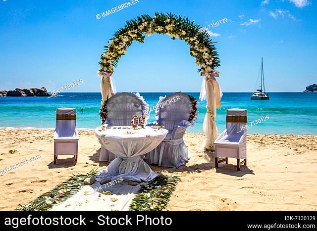 Wedding preparations on Takamaka beach, Mahè, Seychelles, Mahe, Seychelles, Africa