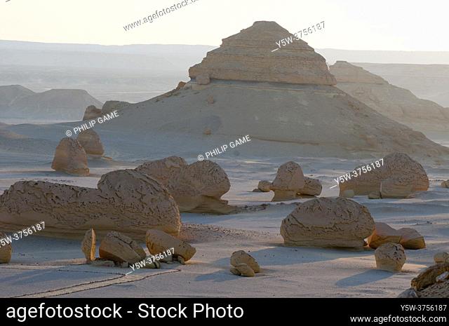 Desert landforms formed by wind erosion at Wadi El Hitan, Valley of the Fossils, Fayoum, Egypt