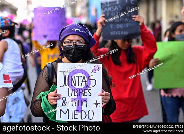 TOLUCA, MEXICO - MARCH 8, 2022: Women take part during a demonstration to protest against gender violence to commemorate International Women's Day