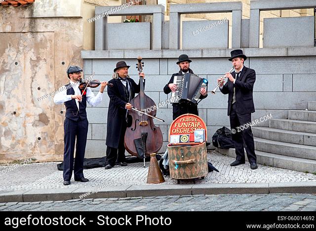 Prague, Czech Republic - March 20, 2017: Group of street musicians performings in the city centre