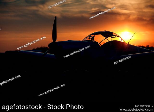 RUSSIA, MOSCOW - AUGUST 1, 2020: Small private single engine propeller airplane at sunset regional airport